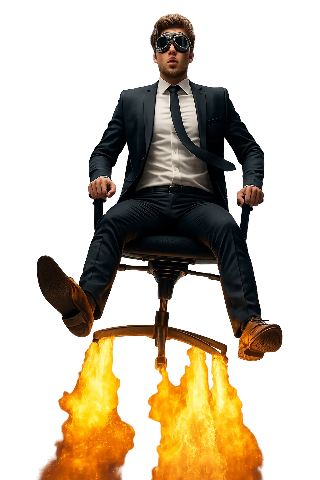 Fliegender Mann auf einem freudigen Stuhl mit Raketenantrieb